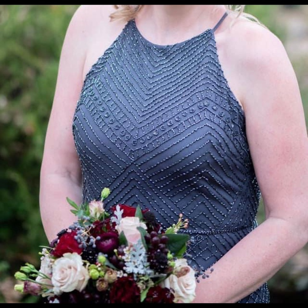 Adrianna Papell gunmetal gray beaded bridesmaid gown with slit.